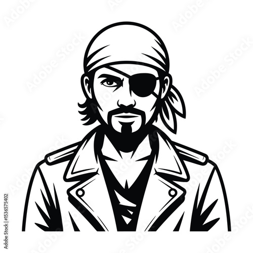 Stylized portrait of a pirate with an eyepatch and bandana in black and white illustration artwork

