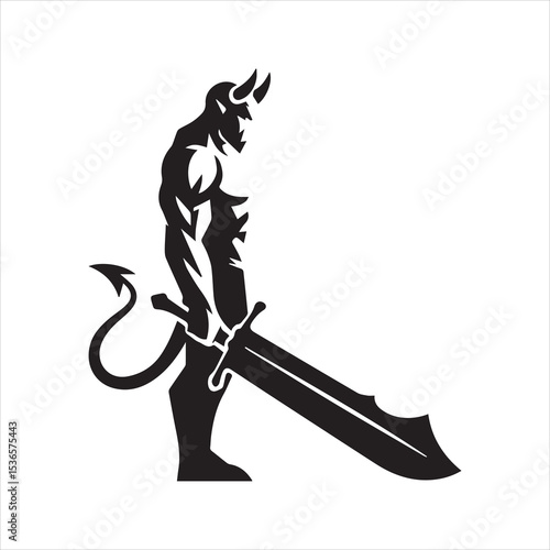 Demon Warrior Silhouette with Sword and Tail Vector Icon