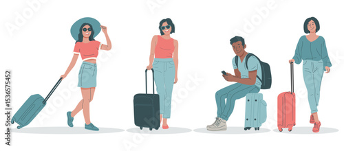 collection de personnages féminins et masculins avec leur valises, prêts a partir en vacances - Départ en voyage - Hommes et femme souriants en tenues estivales, tenant leur bagage ou valise
