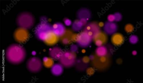 Multicolored blurred bokeh particles with violet, blue, pink hues floating on black background, creating festive or dreamy abstract composition.