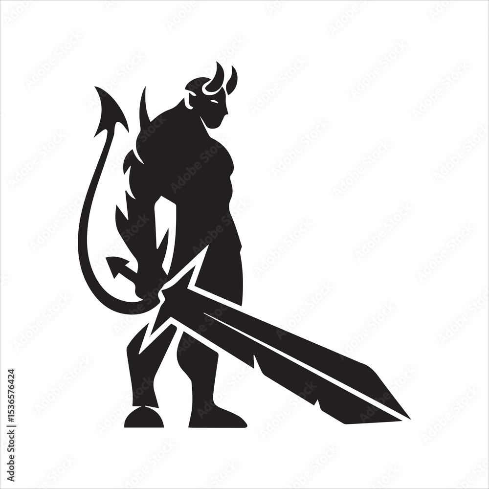 Obraz premium Demon Warrior Silhouette with Sword and Tail Vector Icon