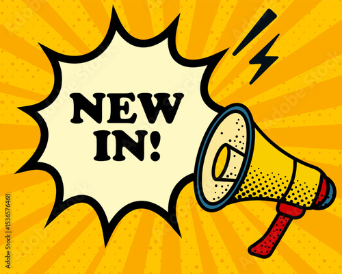 New in speech bubble. Megaphone, lightning, speech burst, sound lines, pop art style, loudspeaker, public speaking, yellow background, expression, voice, alert, broadcast