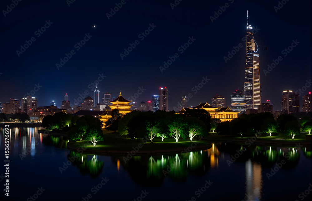 Fototapeta premium Night View of City: Fusion of Classic and Modern