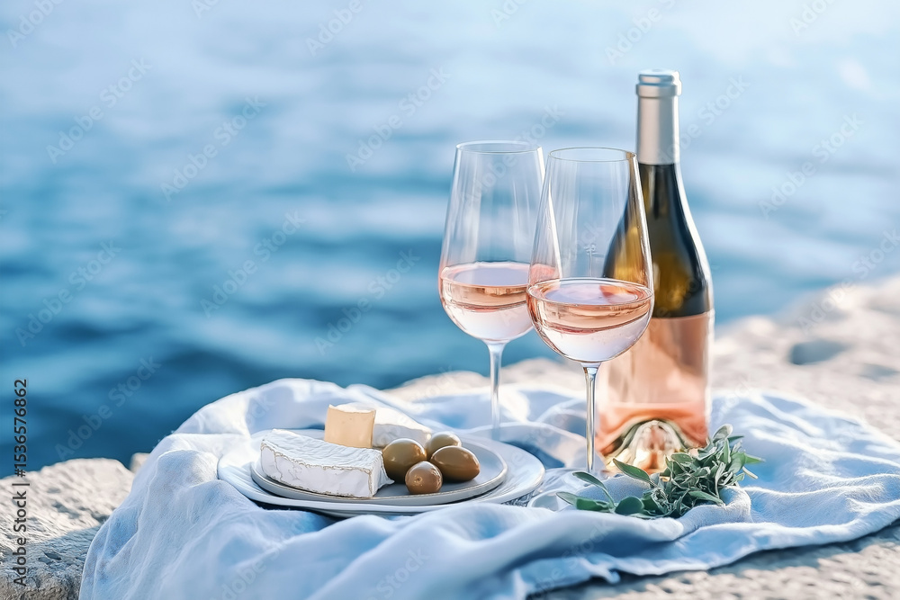 Obraz premium Rose wine picnic with brie cheese by water