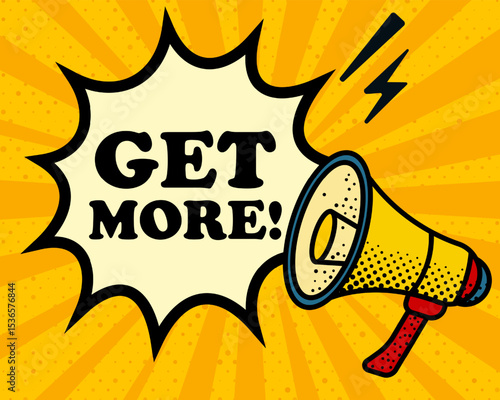 Get more speech bubble. Megaphone, lightning, speech burst, sound lines, pop art style, loudspeaker, public speaking, yellow background, expression, voice, alert, broadcast