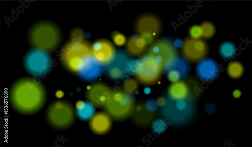 Multicolored blurred bokeh particles with violet, blue, pink hues floating on black background, creating festive or dreamy abstract composition.