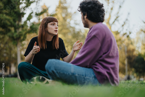 Foto A young couple sits on the grass, engaged in a meaningful conversation in a peaceful park setting