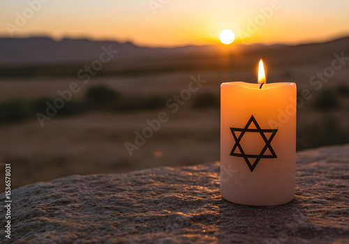 tribute candle with jewish symbol glowing at dusk in natural landscape