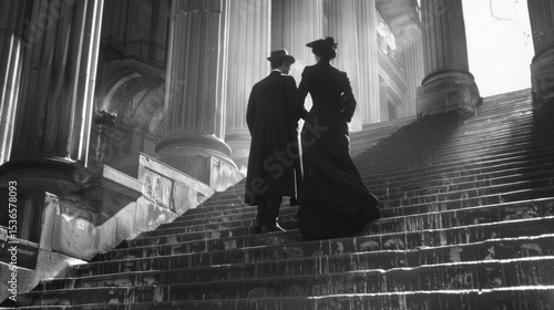 Couple ascending grand stairway
