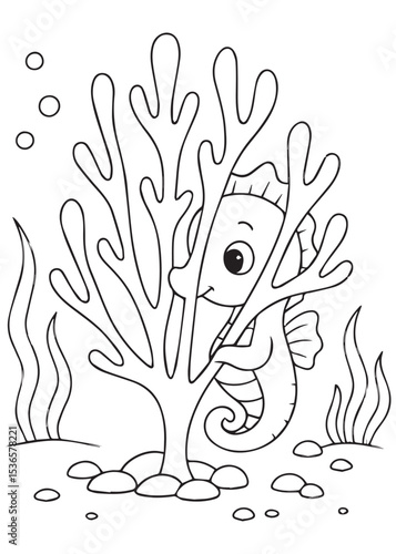 Coloring book seahorse peeking shy from behind tall underwater coral