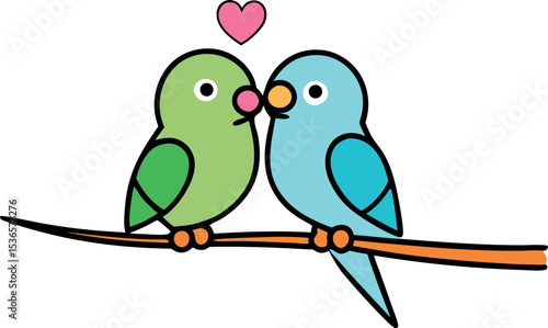 two lovebirds sitting heart shaped branch vector illustration
