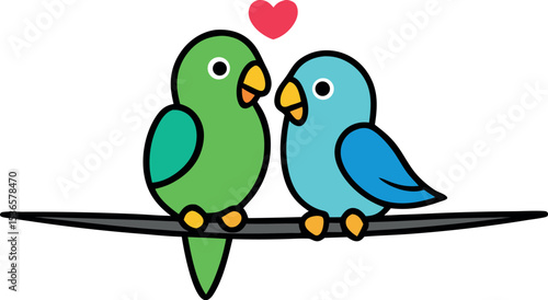 two lovebirds sitting heart shaped branch vector illustration