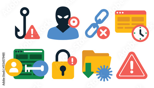Internet security warning icons with phishing, expired sessions, alert signs, suspicious downloads, login attempts, lockouts

