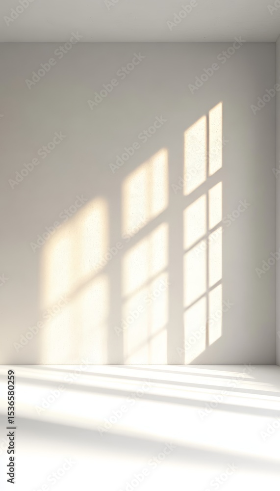 Minimalist interior space radiating tranquility with white walls and soft sunlight creating shadows. Minimalist interior space radiating tranquility with white walls and soft sunlight creating shadows.