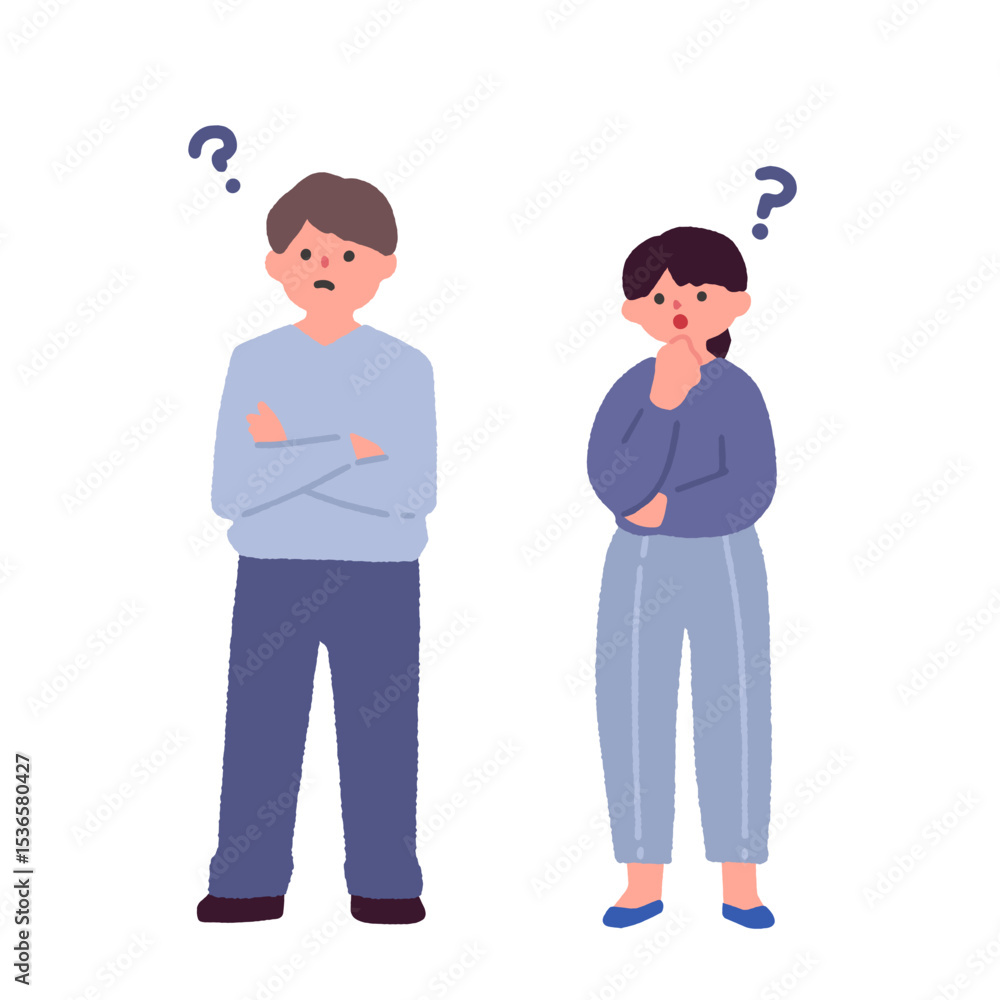 疑問を持つ若い男性と女性 疑問を持つ若い男性と女性