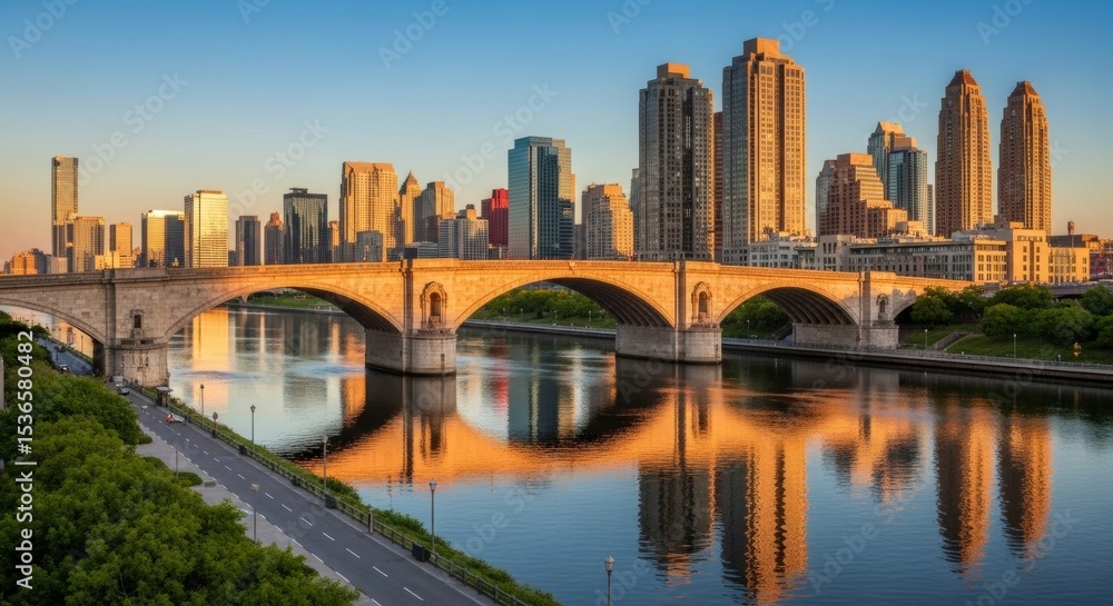 Naklejka premium Golden Hour Cityscape: Stone Arch Bridge and Minneapolis Skyline Reflections