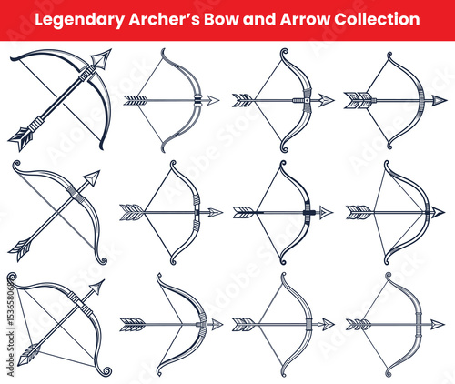 Vintage Bow and Arrow Collection Archery Equipment Illustration Isolated on White