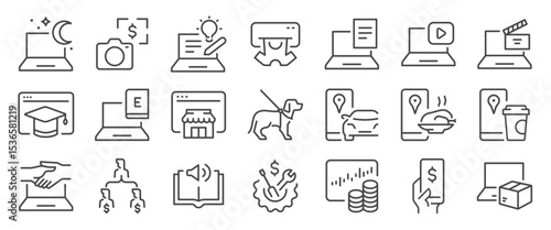 Side hustle icon set. It included freelance, gig economy, job, work, business, making money, and more icons. Editable Vector Stroke.