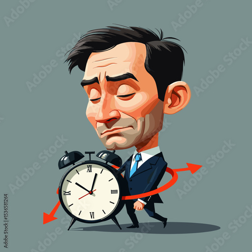 Businessmen Tied to Alarm Clock Hour Hand - Deadlines, Overloaded Work, and Stress Concept Illustration