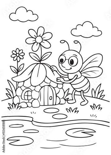 Coloring book bee at its charming little flower house by a pond