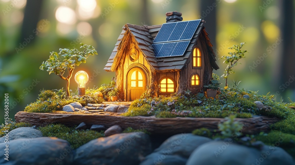 Fototapeta premium Miniature wooden house with solar panels in a forest setting