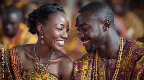 A Ghanaian couple dressed in vibrant kente cloth, sharing a joyful moment during a traditional wedding ceremony
