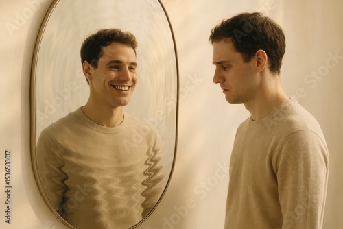 Reflection of self-deception displayed through contrasting emotions of joy and sadness in a serene setting