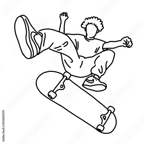 Coloring Line Art of Person Doing Skateboard Trick – Outdoor Sport Illustration for Book and Sticker Design