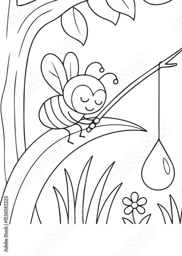 Coloring book bee peacefully sleeping on a leaf, with a dewdrop nearby