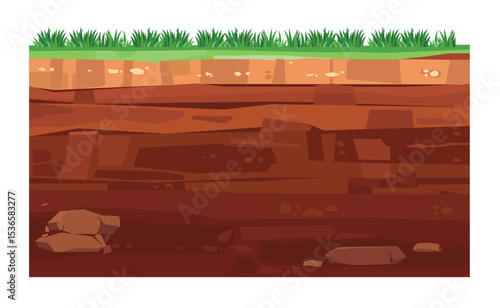 landscape of soil layers in the grassland with various rocks and mud