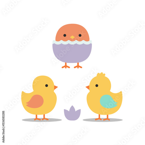 Cute cartoon chicks standing near a nest with an egg  