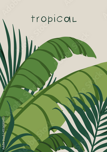 Tropical card design. Green jungle leaf, botanical poster, typography. Palm g...