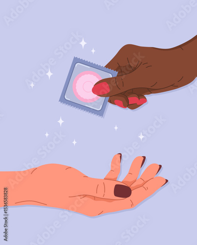 One female hand gives a condom package to another hand. Concept of contraception method, protection against infections, prevention HIV and AIDS, unwanted pregnancy, safe sex. Vector flat illustration