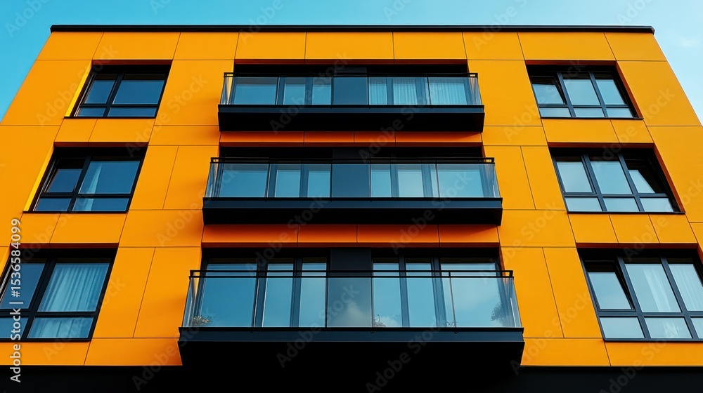 Obraz premium Modern apartment building facade with orange panels and black balconies