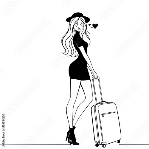 Stylish woman with suitcase posing confidently in fashionable attire  
