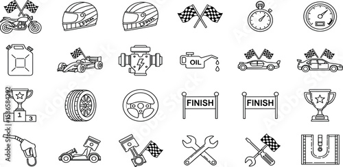 Motorsports Vector Icon Set Adjustable Line Weight Racing car, motorcycle, helmet, trophy, oil, engine, pit stop, fuel, flag, speed, competition icons