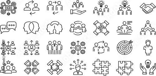 Teamwork Vector Icon Set Adjustable Line Weight Collaboration, support, communication, unity, connection, brainstorming, handshake, discussion, partnership, leadership, trust, idea, team icons