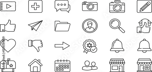 Social Media Vector Icon Set Adjustable Line Weight Like, comment, share, notification, profile, camera, verified, search, chat, followers, messaging, interaction, user interface icons