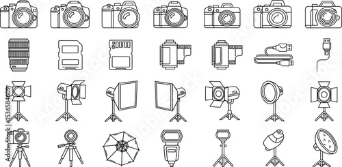 Photography Gear Vector Icon Set – DSLR Camera, Digital Camera, Lens, Filmstrip, SD Card, Tripod, Studio Flash, Reflector, Lightbox, Umbrella, Diffuser, Camera Cable, Memory Card