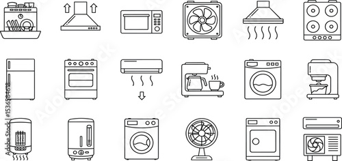 Home Appliances Vector Icon Set Adjustable Line Weight Refrigerator, dishwasher, microwave, oven, air conditioner, coffee maker, washing machine, heater, kitchen, household