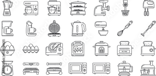 Small Kitchen Appliances Vector Icon Set – Blender, Coffee Machine, Toaster, Food Processor, Microwave, Waffle Maker, Electric Kettle, Instant Pot, Mixer, Steamer, Meat Grinder, Scales.