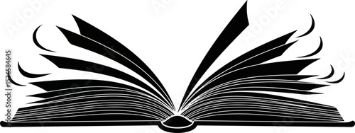 Silhouette of Open Book with Fanned Pages – Flat Black Illustration
