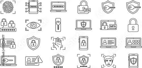 Passwords Vector Icon Set Adjustable Line Weight Fingerprint, passcode, lock, two factor, face ID, mobile login, eye scan, security, authentication, shield, access.