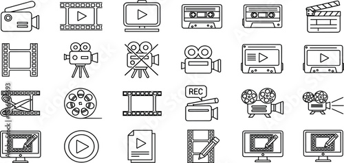 Video Editing Icons Set Movie, Film, Play, Record, Cut, and Media Symbols - Minimal Line Style