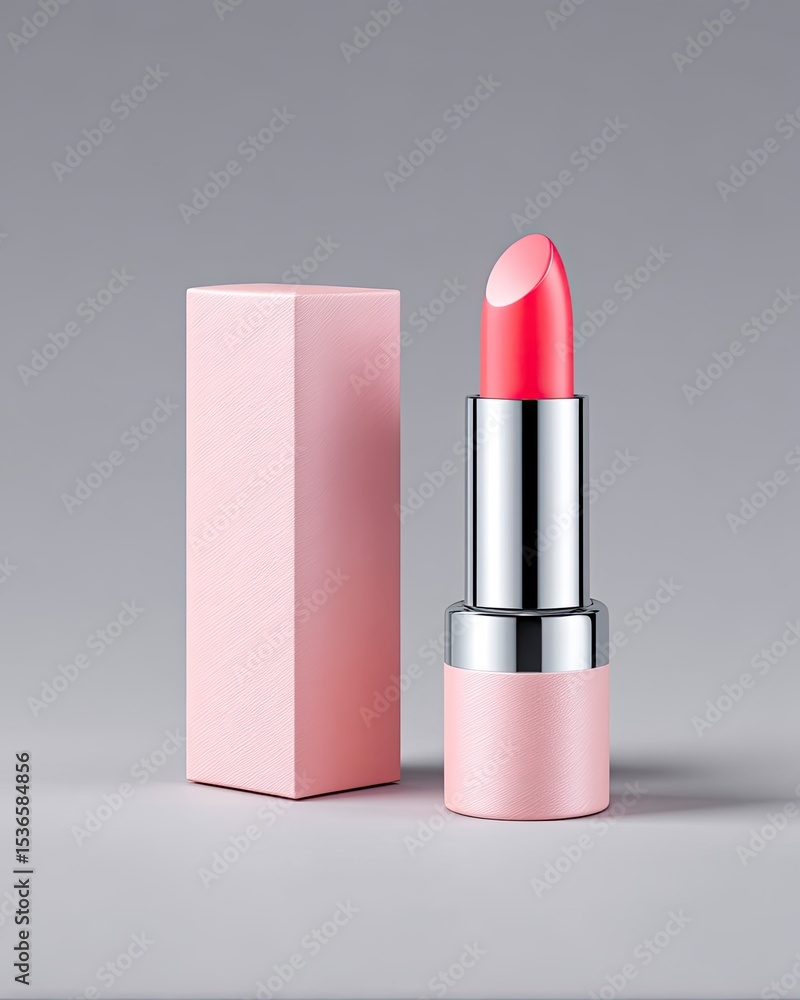 Pink Matte Lipstick in Silver Case and Matching Box on Gray Background Pink Matte Lipstick in Silver Case and Matching Box on Gray Background