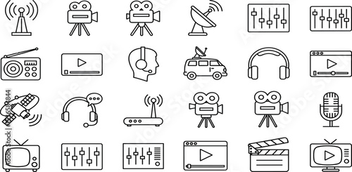 Broadcast Vector Icon Set Adjustable Line Weight Camera, microphone, satellite, radio, stream, headset, tv, video, signal, router, control, media, podcast, recording icons
