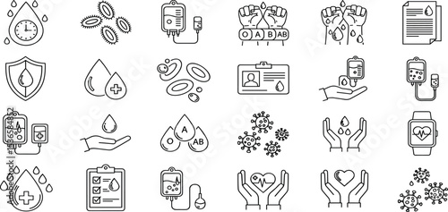 Blood Vector Icon Set Adjustable Line Weight Blood drop, test, shield, health, donation, transfusion, report, heart rate, protection, blood type, care icons