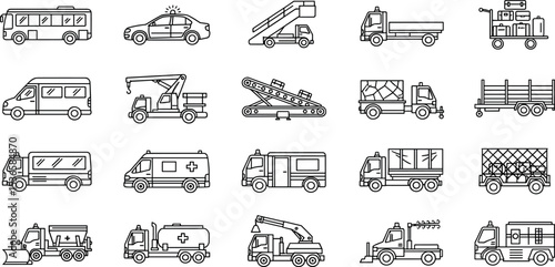 Airport Airside Vehicles Icons Vector Set of Mobile Stairs, Baggage Carts, Pushback Tug, Belt Loader, Cargo Loader, Passenger Bus and more.