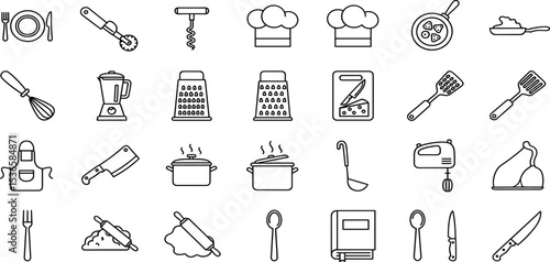 Kitchen Vector Icon Set Adjustable Line Weight Cookware, whisk, spatula, pot, ladle, pan, grater, blender, cleaver, corkscrew, rolling pin, recipe, utensil icons