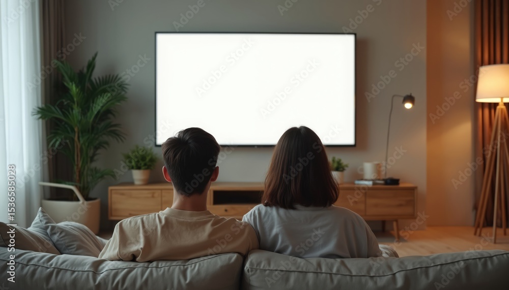 Naklejka premium Young couple watches blank screen TV in modern minimalist living room. People relax on sofa at home. Family spending time together, enjoying content. Cozy home, leisure, technology, weekend activity.